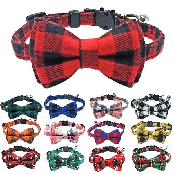 Plaid Christmas Cat Collar with Bow Tie & Bell
